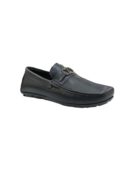 Lv Logo Black Leather Loafer