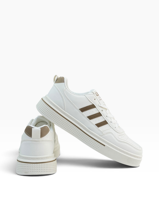 Fashion Mens White/Brown 3 Stripe Sneaker