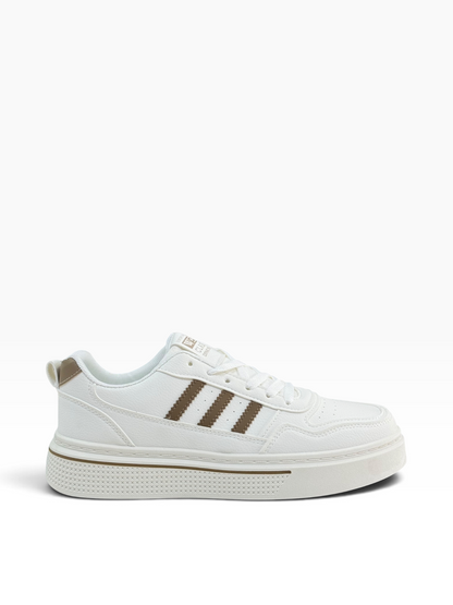 Fashion Mens White/Brown 3 Stripe Sneaker