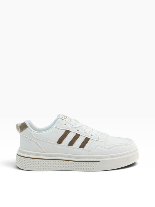 Fashion Mens White/Brown 3 Stripe Sneaker