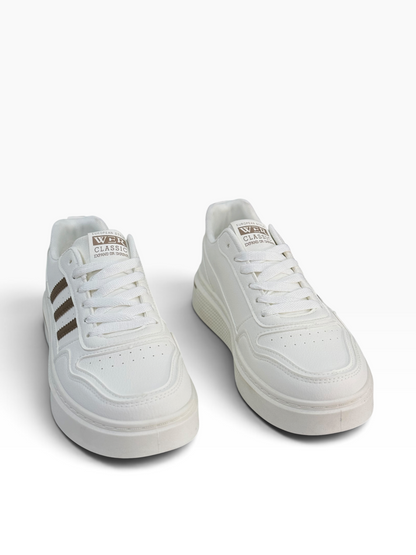 Fashion Mens White/Brown 3 Stripe Sneaker